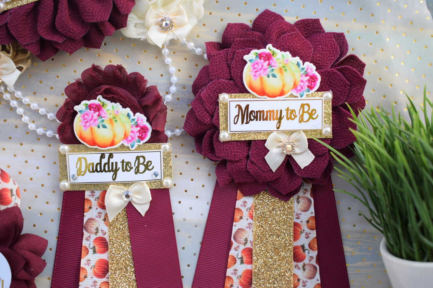 Burgundy Pumpkin Baby Shower, Ivory Burgundy Cream Maternity Sash, Gold Cream Flower Belly Sash, Pumpkin Fall Flower Belly Sash, Custom - Celebrations By Cris