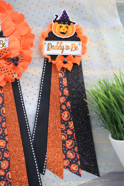 Pumpkin Baby Shower, Halloween Baby Shower, Pumpkin Orange Black Mommy To Be Pin, Halloween Corsage Pin, Pumpkin Daddy To Be Pins, Halloween