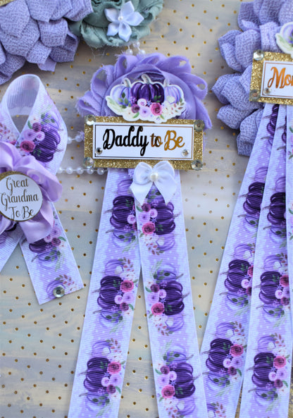 Lavender Pumpkin Baby Shower, Purple Lilac Maternity Sash, Vintage Lavender Flower Belly Sash, Pumpkin Flower Sash, Fall Belly Sash, Custom - Celebrations By Cris