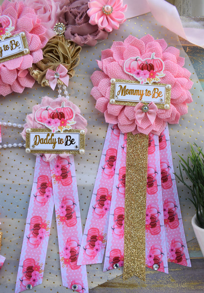 Pink Pumpkin Baby Shower, Ivory Pink Maternity Sash, Gold Pink Cream Mommy To Be Pin, Pumpkin Daddy To Be Pin, Fall Belly Sash, Custom - Celebrations By Cris