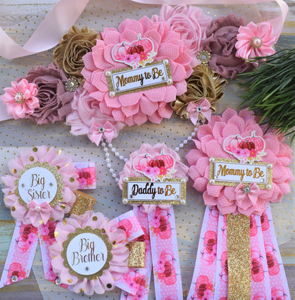 Pink Pumpkin Baby Shower, Ivory Pink Maternity Sash, Gold Pink Cream Mommy To Be Pin, Pumpkin Daddy To Be Pin, Fall Belly Sash, Custom - Celebrations By Cris