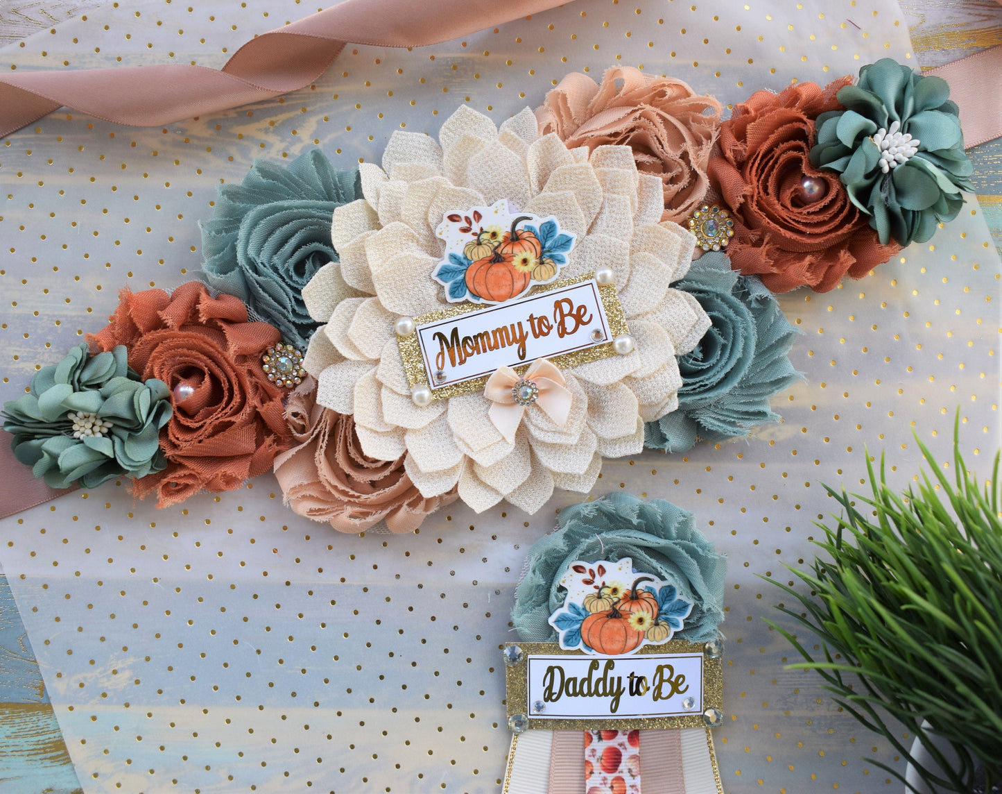 Neutral Pumpkin Baby Shower, Ivory Sage Beige Maternity Sash, Gold Cream Flower Belly Sash, Sage Pumpkin Fall Flower Belly Sash, Custom - Celebrations By Cris