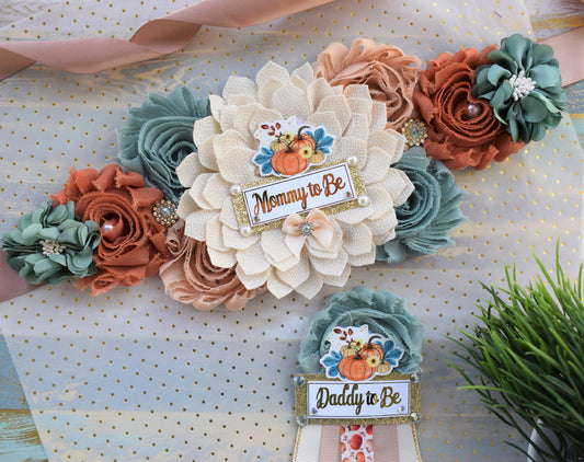 Neutral Pumpkin Baby Shower, Ivory Sage Beige Maternity Sash, Gold Cream Flower Belly Sash, Sage Pumpkin Fall Flower Belly Sash, Custom - Celebrations By Cris