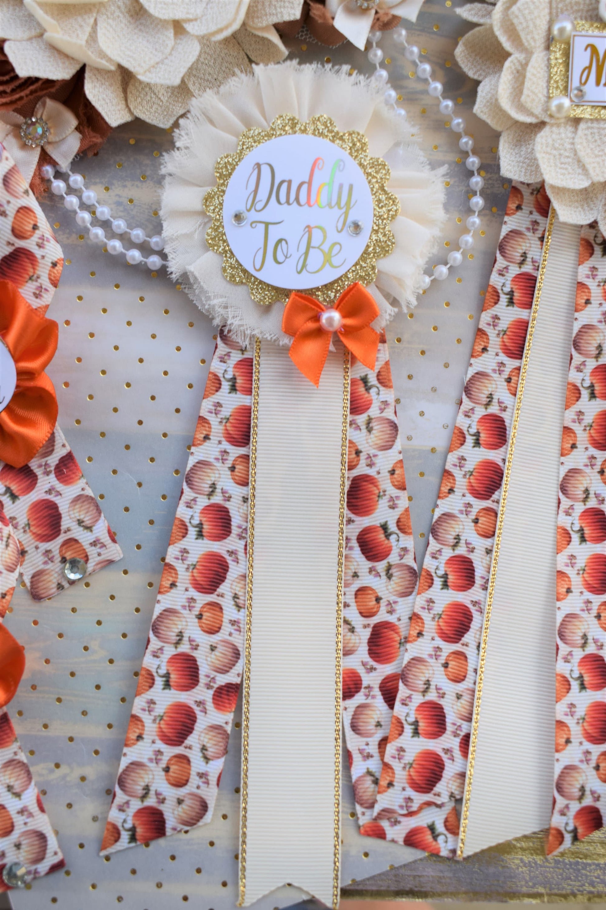 Neutral Pumpkin Baby Shower, Ivory Orange Beige Maternity Sash, Gold Cream Flower Belly Sash, Beige Pumpkin Fall Flower Belly Sash, Custom - Celebrations By Cris