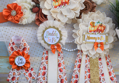 Neutral Pumpkin Baby Shower, Ivory Orange Beige Maternity Sash, Gold Cream Flower Belly Sash, Beige Pumpkin Fall Flower Belly Sash, Custom - Celebrations By Cris