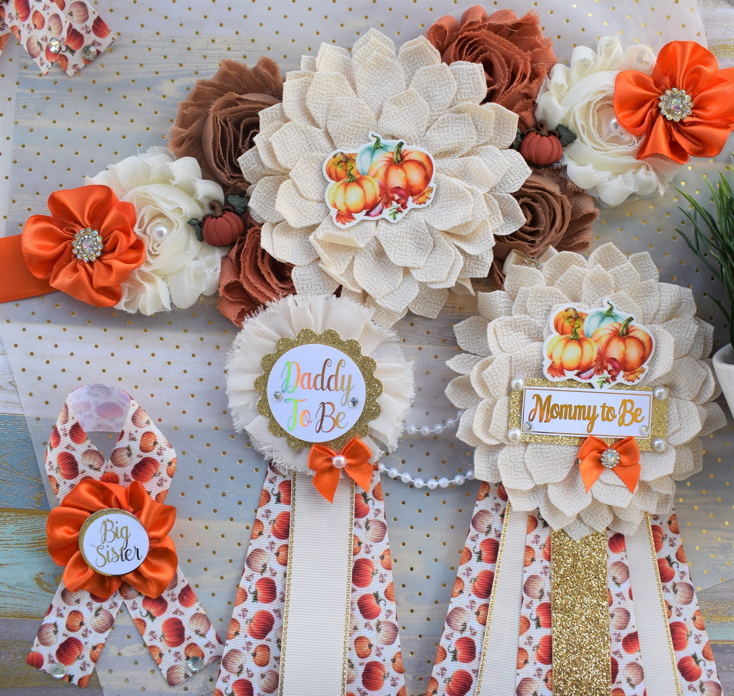 Neutral Pumpkin Baby Shower, Ivory Orange Beige Maternity Sash, Gold Cream Flower Belly Sash, Beige Pumpkin Fall Flower Belly Sash, Custom - Celebrations By Cris