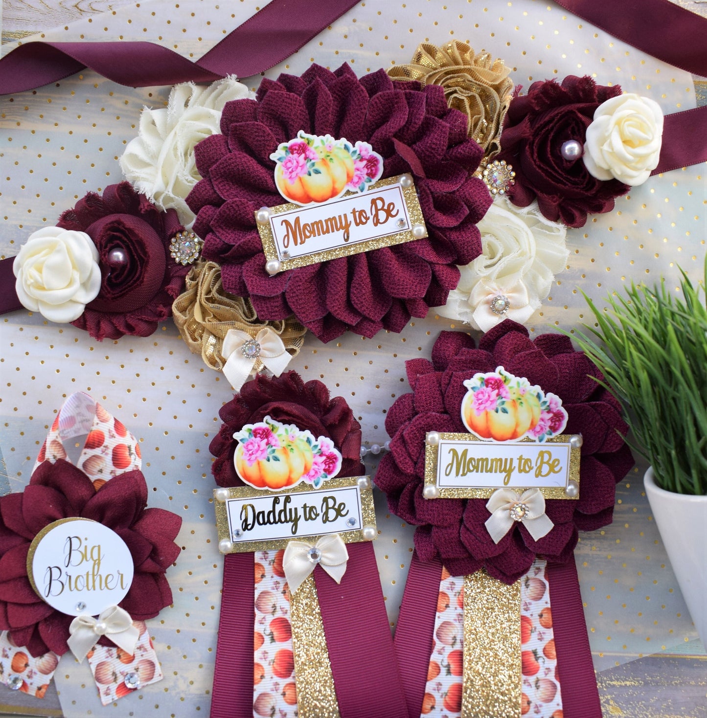 Burgundy Pumpkin Baby Shower, Ivory Burgundy Cream Maternity Sash, Gold Cream Flower Belly Sash, Pumpkin Fall Flower Belly Sash, Custom - Celebrations By Cris