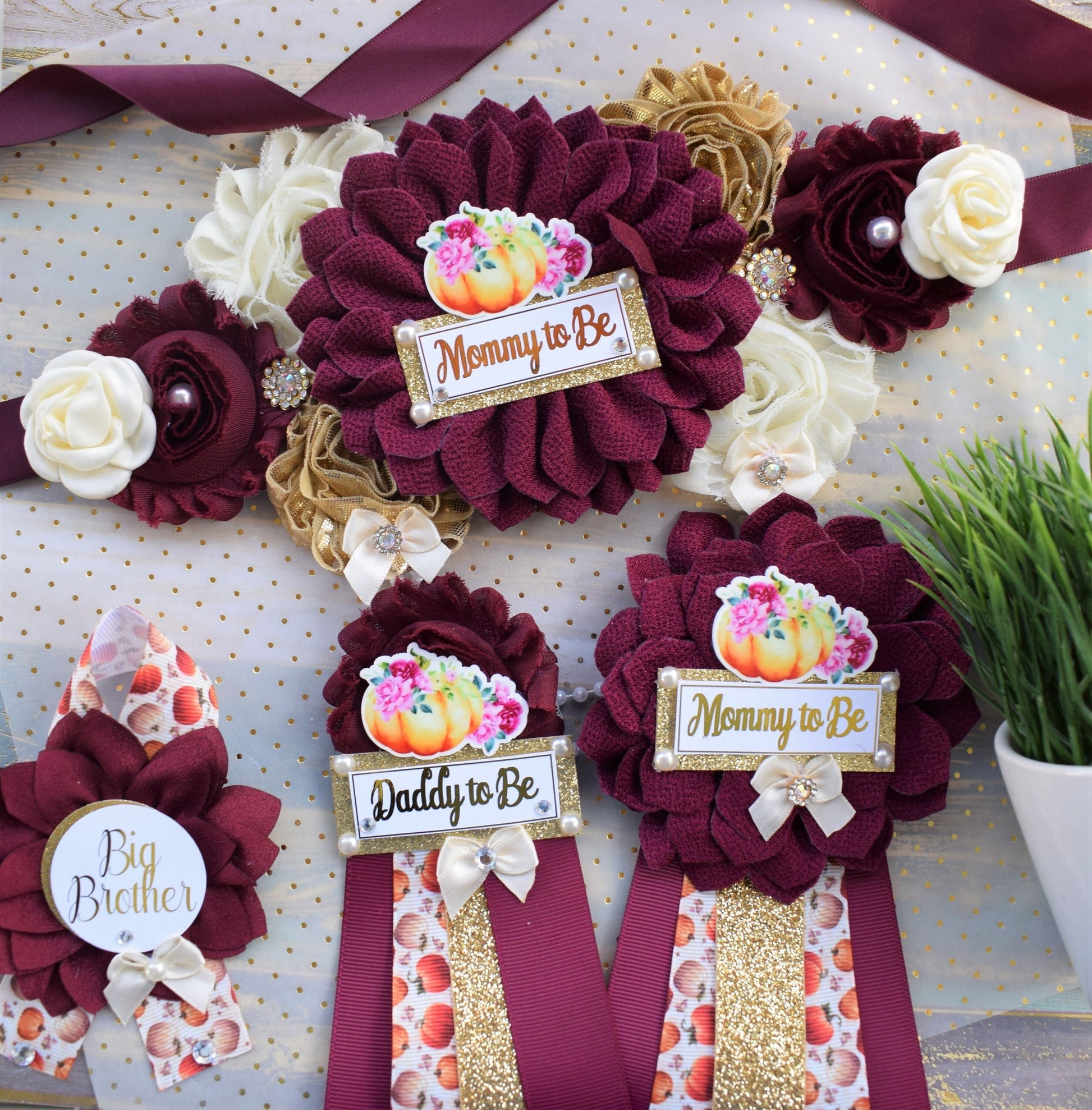 Burgundy Pumpkin Baby Shower, Ivory Burgundy Cream Maternity Sash, Gold Cream Flower Belly Sash, Pumpkin Fall Flower Belly Sash, Custom - Celebrations By Cris