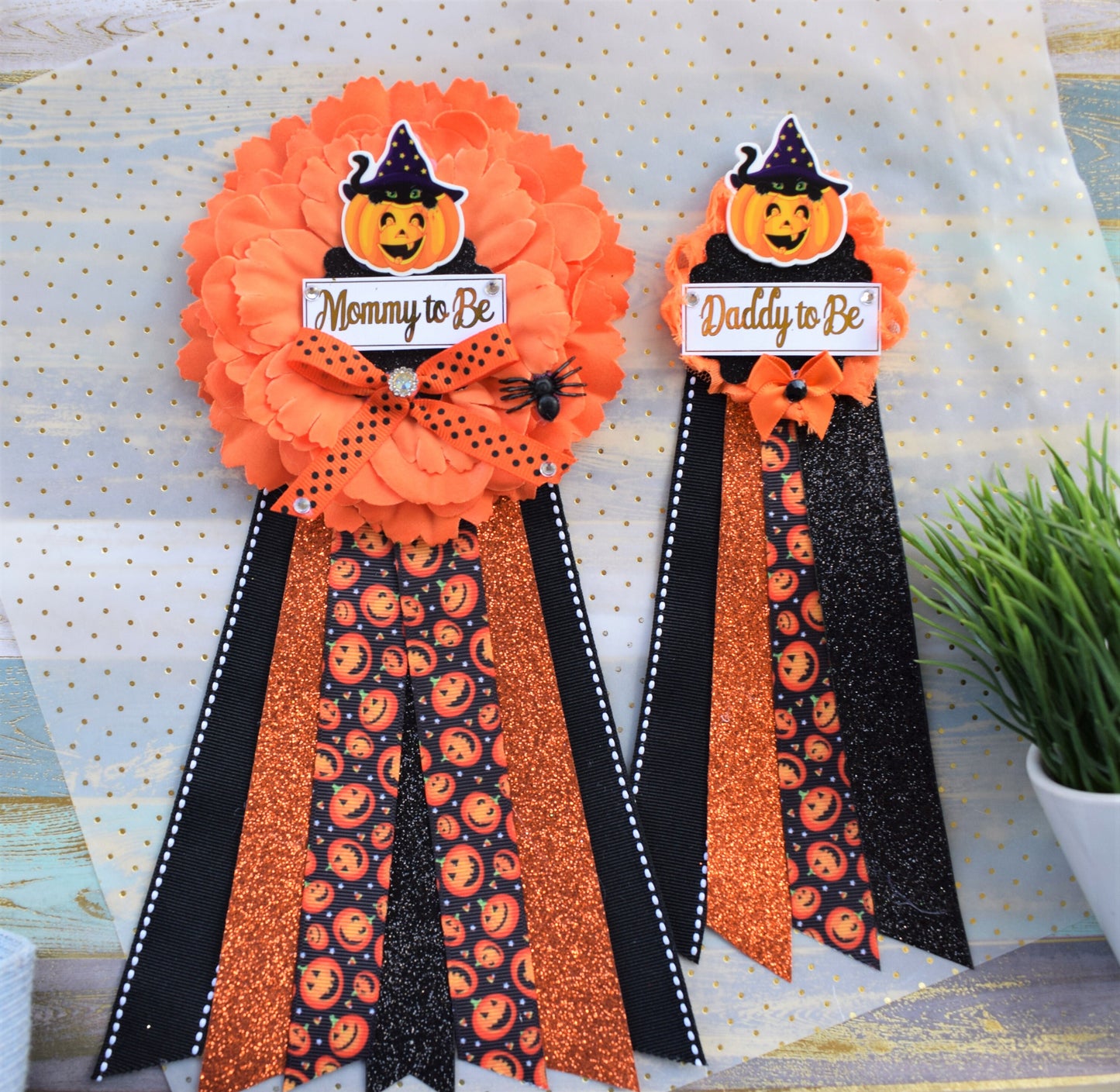 Pumpkin Baby Shower, Halloween Baby Shower, Pumpkin Orange Black Mommy To Be Pin, Halloween Corsage Pin, Pumpkin Daddy To Be Pins, Halloween