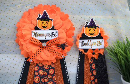 Pumpkin Baby Shower, Halloween Baby Shower, Pumpkin Orange Black Mommy To Be Pin, Halloween Corsage Pin, Pumpkin Daddy To Be Pins, Halloween