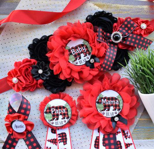 Buffalo Plaid Bear, Lumberjack Baby Shower, Buffalo Bear Plaid Shower, Burlap with Buffalo Maternity Sash, Burlap Red Black Sash, Custom