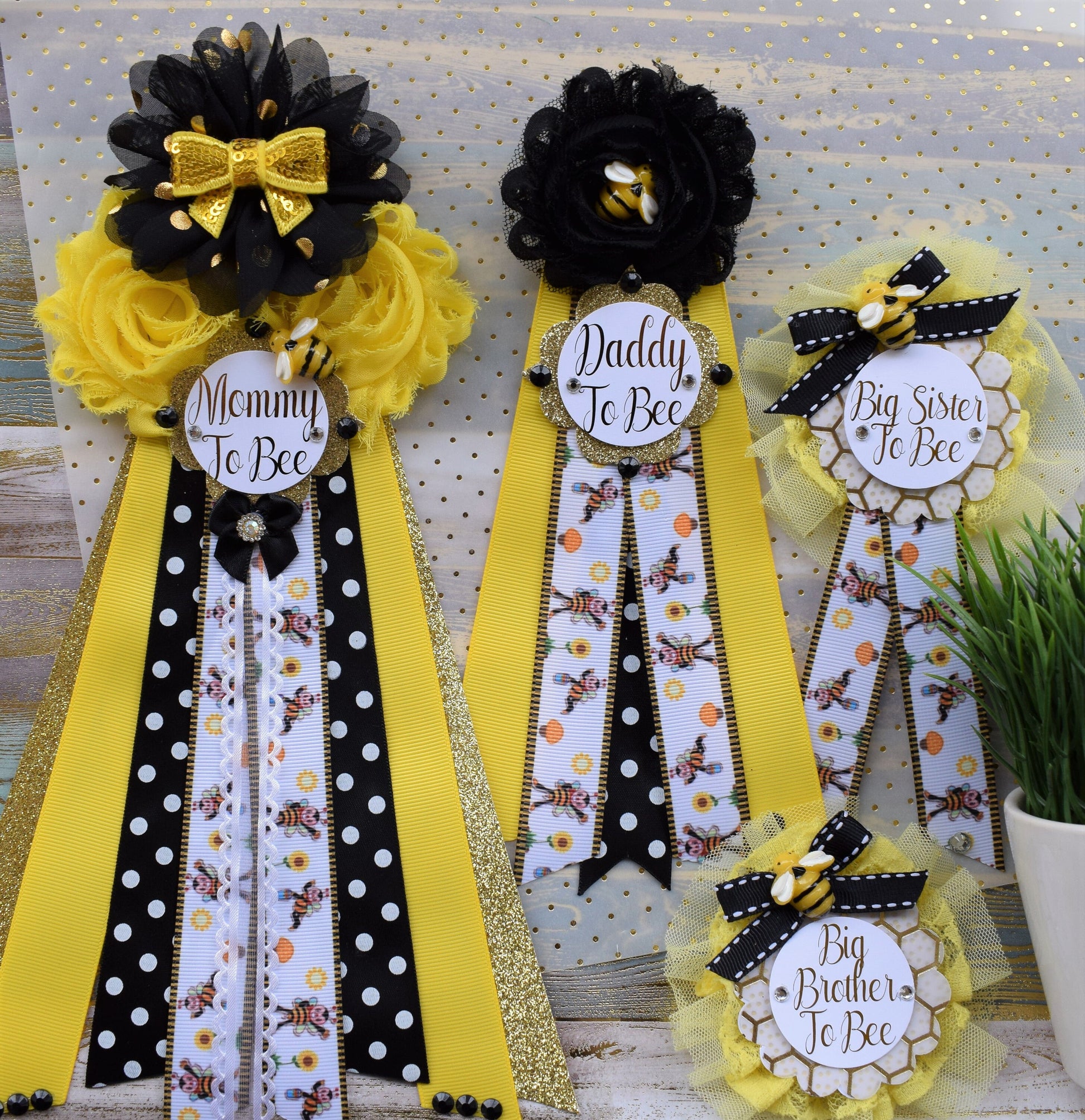 Bumble Bee Baby Shower, Black Yellow Flower Sash and Corsage Pin, Bumble Bee Baby Shower, Gender Reveal Maternity Sash, Bee Corsage Pin - Celebrations By Cris