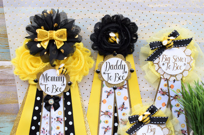 Bumble Bee Baby Shower, Black Yellow Flower Sash and Corsage Pin, Bumble Bee Baby Shower, Gender Reveal Maternity Sash, Bee Corsage Pin - Celebrations By Cris