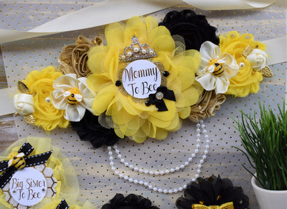 Bumble Bee Baby Shower, Black Yellow Flower Sash and Corsage Pin, Bumble Bee Baby Shower, Gender Reveal Maternity Sash, Bee Corsage Pin - Celebrations By Cris