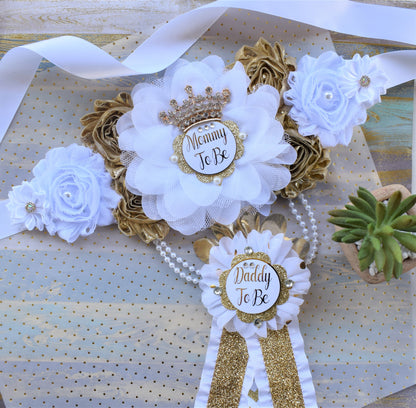 White Gold Prince Flower Sash, White Gold Maternity Sash, Gender Reveal Gold Pregnant Sash, Mommy and Daddy To Be, White Gold Baby Shower - Celebrations By Cris