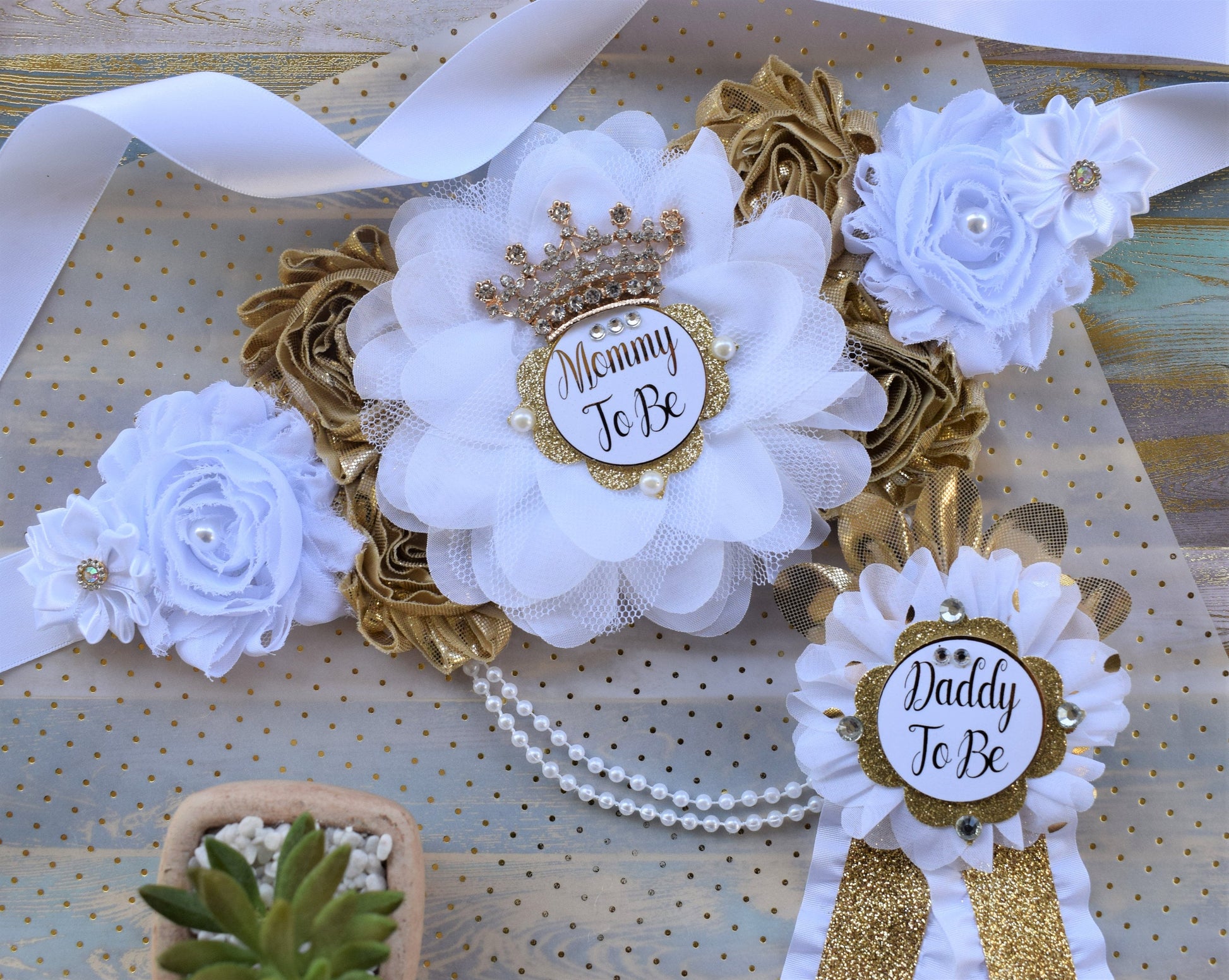 White Gold Prince Flower Sash, White Gold Maternity Sash, Gender Reveal Gold Pregnant Sash, Mommy and Daddy To Be, White Gold Baby Shower - Celebrations By Cris