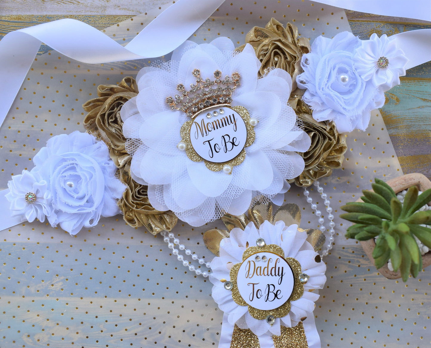 White Gold Prince Flower Sash, White Gold Maternity Sash, Gender Reveal Gold Pregnant Sash, Mommy and Daddy To Be, White Gold Baby Shower - Celebrations By Cris