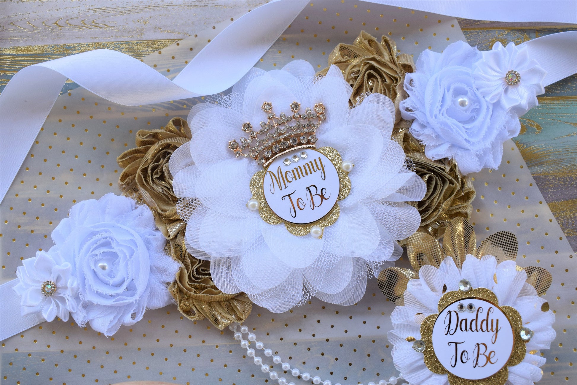 White Gold Prince Flower Sash, White Gold Maternity Sash, Gender Reveal Gold Pregnant Sash, Mommy and Daddy To Be, White Gold Baby Shower - Celebrations By Cris