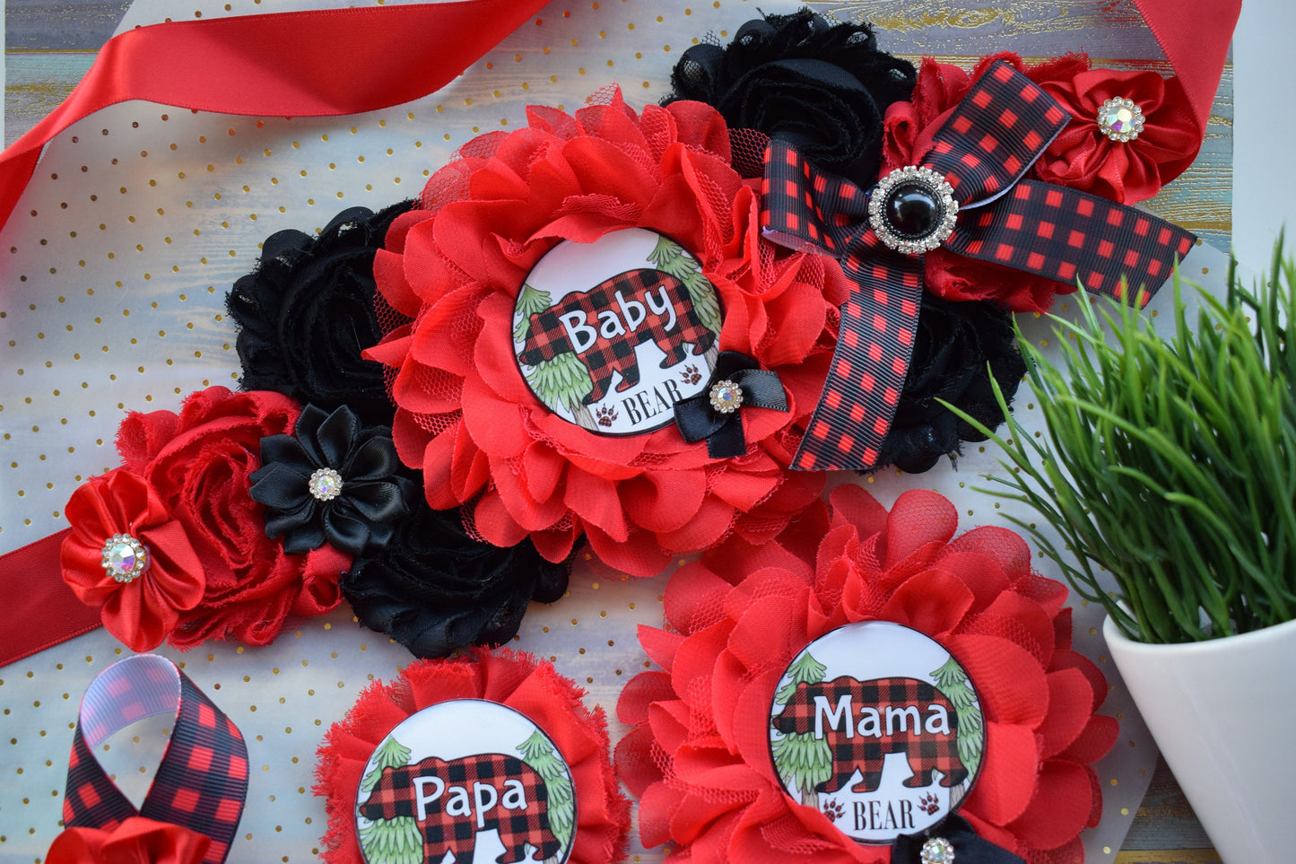 Buffalo Plaid Bear, Lumberjack Baby Shower, Buffalo Bear Plaid Shower, Burlap with Buffalo Maternity Sash, Burlap Red Black Sash, Custom