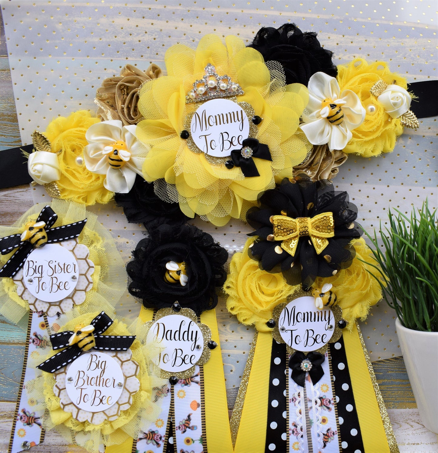 Bumble Bee Baby Shower, Black Yellow Flower Sash and Corsage Pin, Bumble Bee Baby Shower, Gender Reveal Maternity Sash, Bee Corsage Pin - Celebrations By Cris