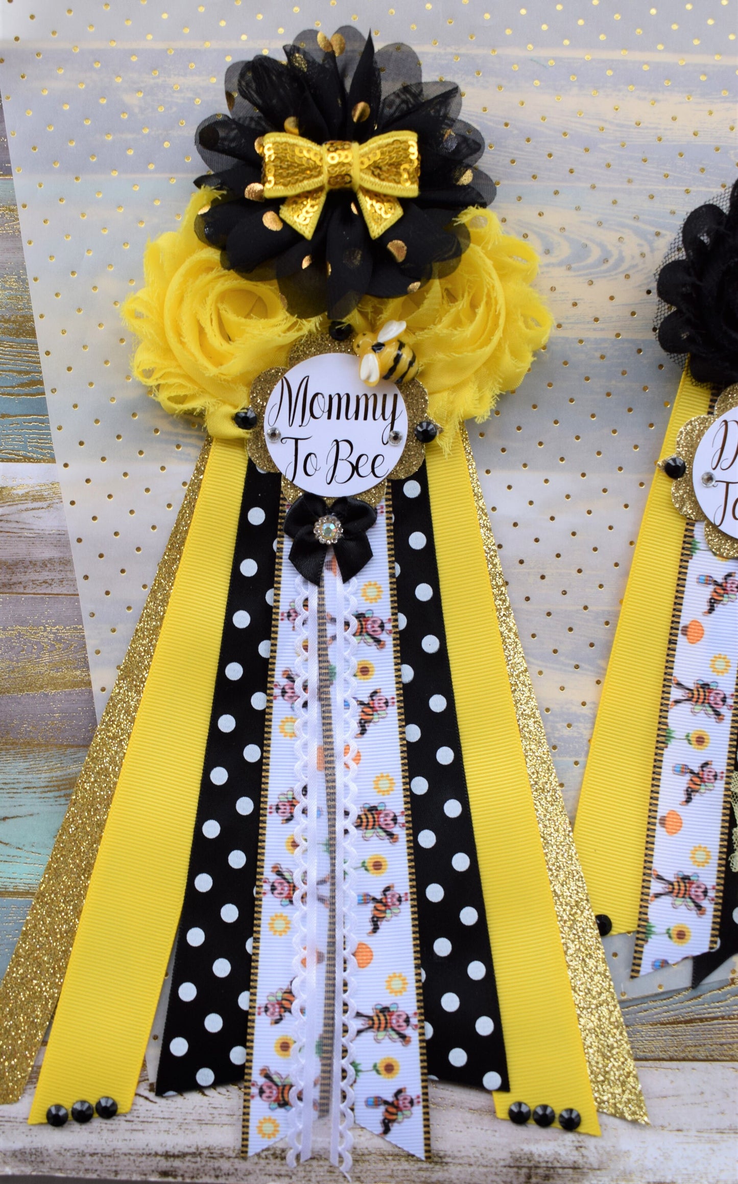 Bumble Bee Baby Shower, Black Yellow Flower Sash and Corsage Pin, Bumble Bee Baby Shower, Gender Reveal Maternity Sash, Bee Corsage Pin - Celebrations By Cris