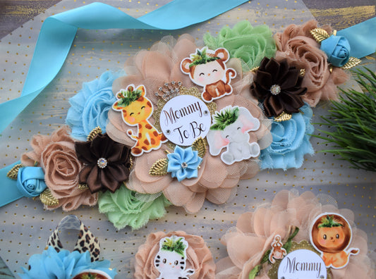 Boy Safari Jungle Maternity Sash, Blue Safari Maternity Sash, Animal Flower Sash, Jungle Safari Baby Shower, Safari Flower Sash, Custom Sash - Celebrations By Cris