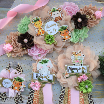 Girl Safari Jungle Maternity Sash, Pink Safari Maternity Sash, Animal Flower Sash, Jungle Safari Baby Shower, Safari Flower Sash, Custom