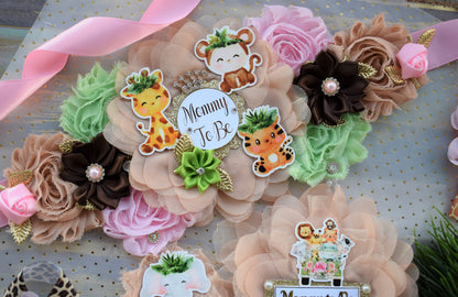 Girl Safari Jungle Maternity Sash, Pink Safari Maternity Sash, Animal Flower Sash, Jungle Safari Baby Shower, Safari Flower Sash, Custom