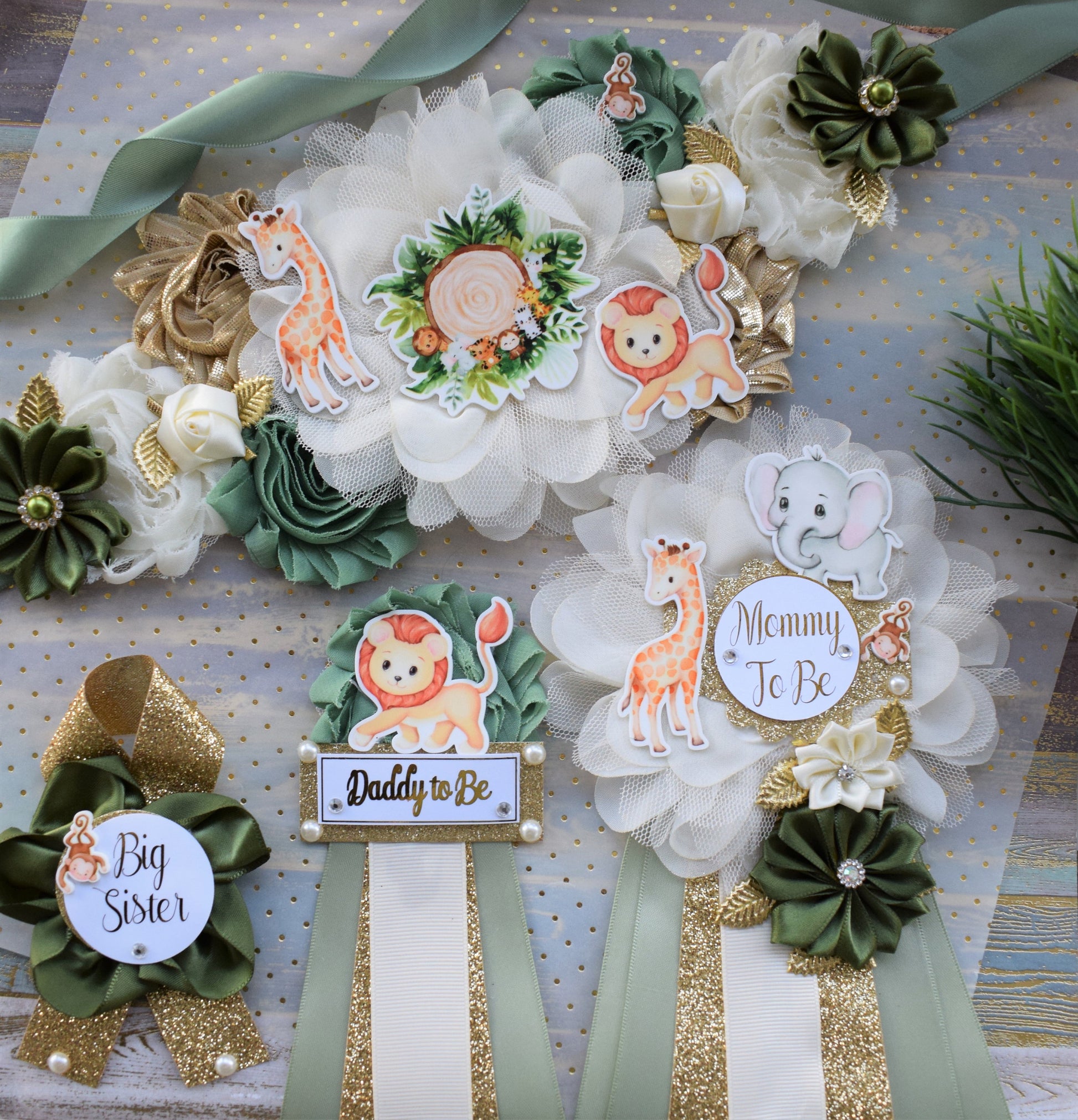 Animal Safari Baby Shower Sash and Pin Set, Jungle Safari Baby Shower, Safari Flower Sash, Sage Green Baby Safari Shower, Custom Order - Celebrations By Cris