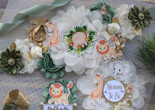 Animal Safari Baby Shower Sash and Pin Set, Jungle Safari Baby Shower, Safari Flower Sash, Sage Green Baby Safari Shower, Custom Order - Celebrations By Cris