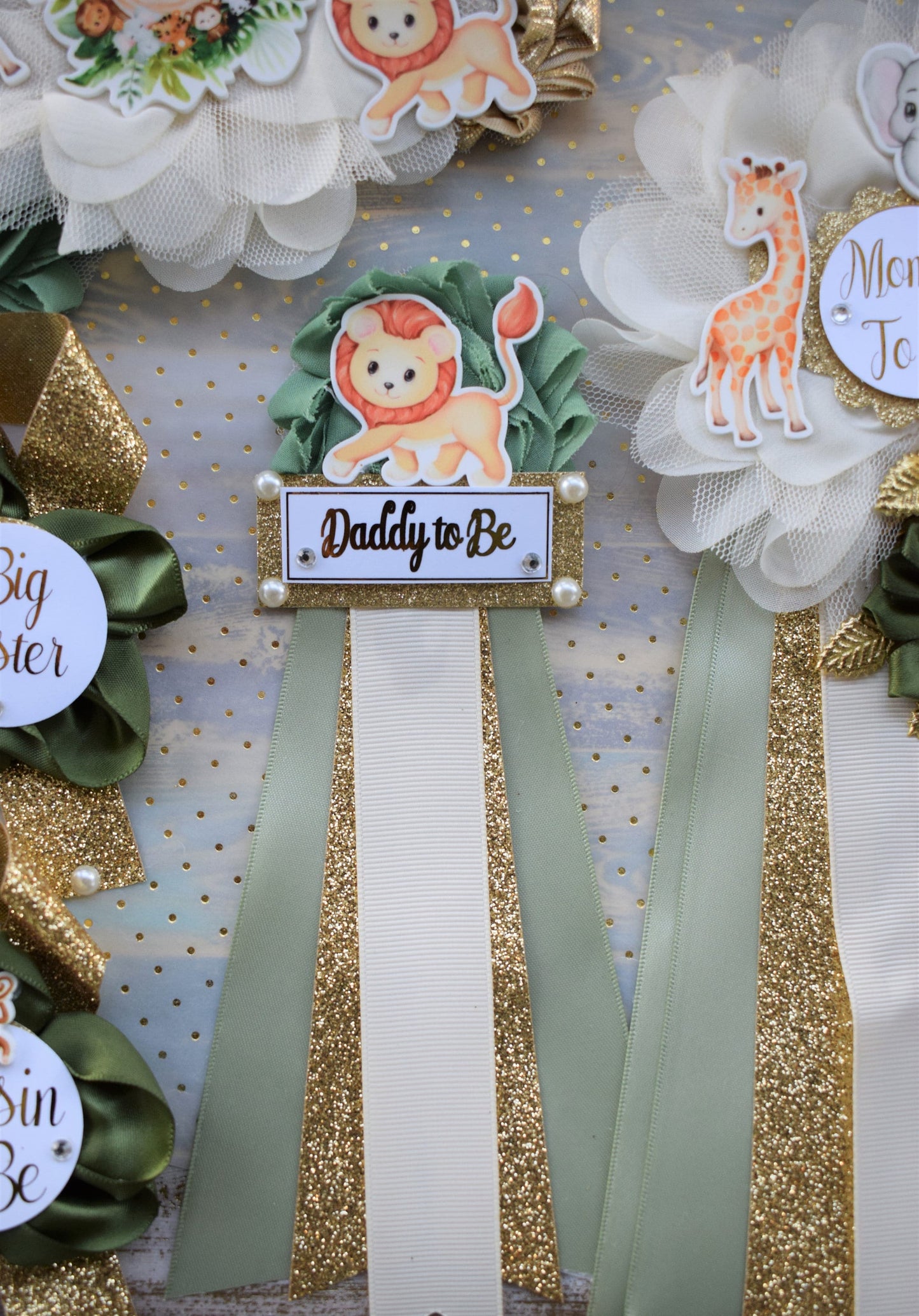 Animal Safari Baby Shower Sash and Pin Set, Jungle Safari Baby Shower, Safari Flower Sash, Sage Green Baby Safari Shower, Custom Order - Celebrations By Cris