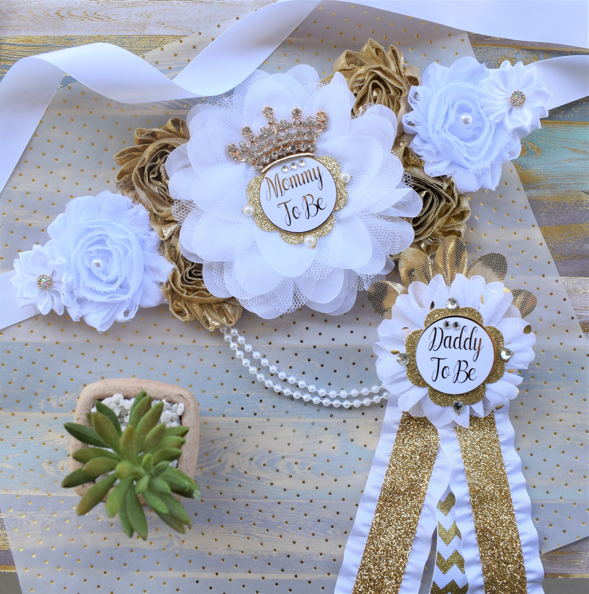 White Gold Prince Flower Sash, White Gold Maternity Sash, Gender Reveal Gold Pregnant Sash, Mommy and Daddy To Be, White Gold Baby Shower - Celebrations By Cris