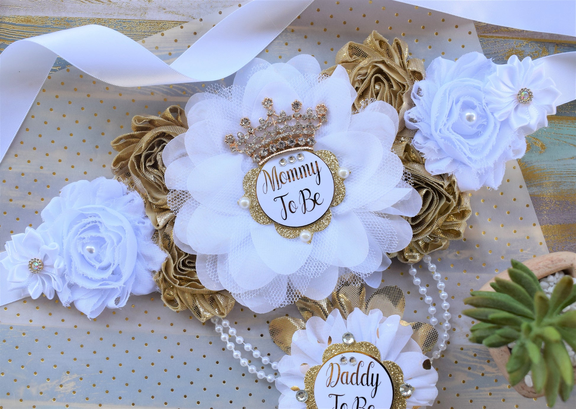 White Gold Prince Flower Sash, White Gold Maternity Sash, Gender Reveal Gold Pregnant Sash, Mommy and Daddy To Be, White Gold Baby Shower - Celebrations By Cris