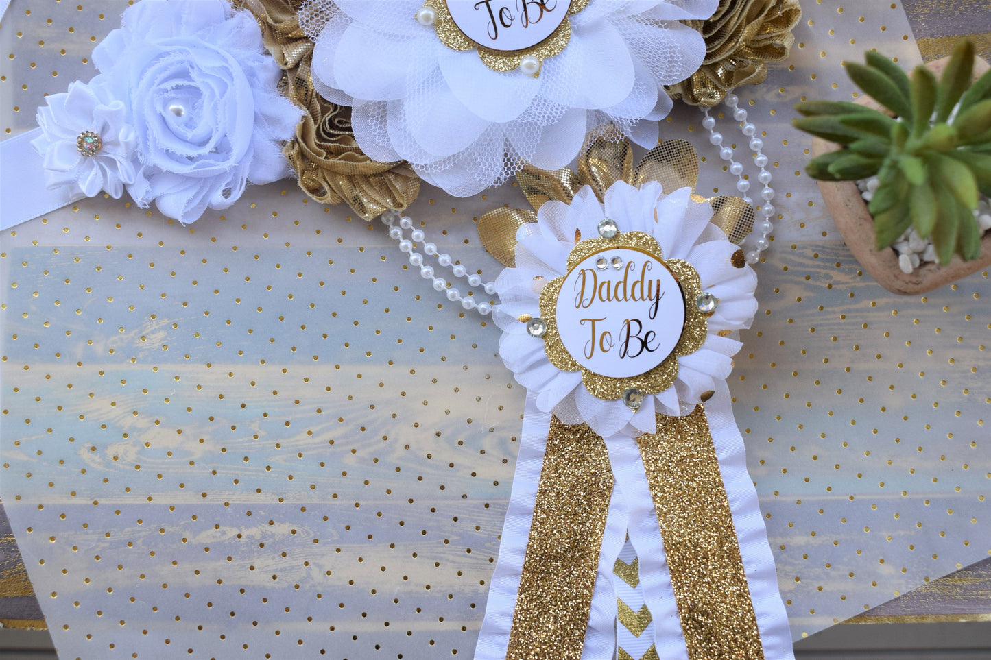 White Gold Prince Flower Sash, White Gold Maternity Sash, Gender Reveal Gold Pregnant Sash, Mommy and Daddy To Be, White Gold Baby Shower - Celebrations By Cris