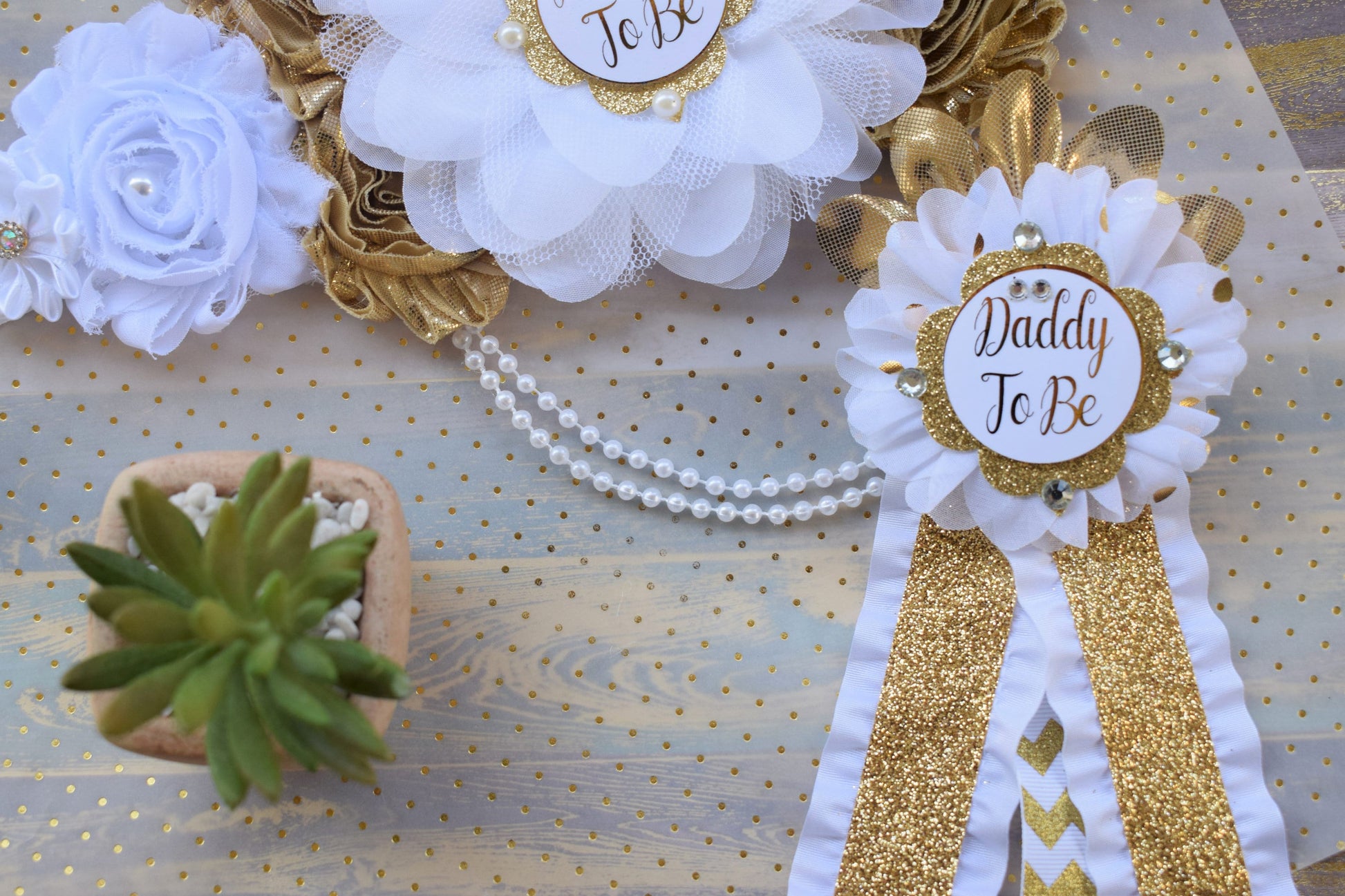 White Gold Prince Flower Sash, White Gold Maternity Sash, Gender Reveal Gold Pregnant Sash, Mommy and Daddy To Be, White Gold Baby Shower - Celebrations By Cris