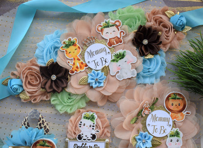 Boy Safari Jungle Maternity Sash, Blue Safari Maternity Sash, Animal Flower Sash, Jungle Safari Baby Shower, Safari Flower Sash, Custom Sash - Celebrations By Cris