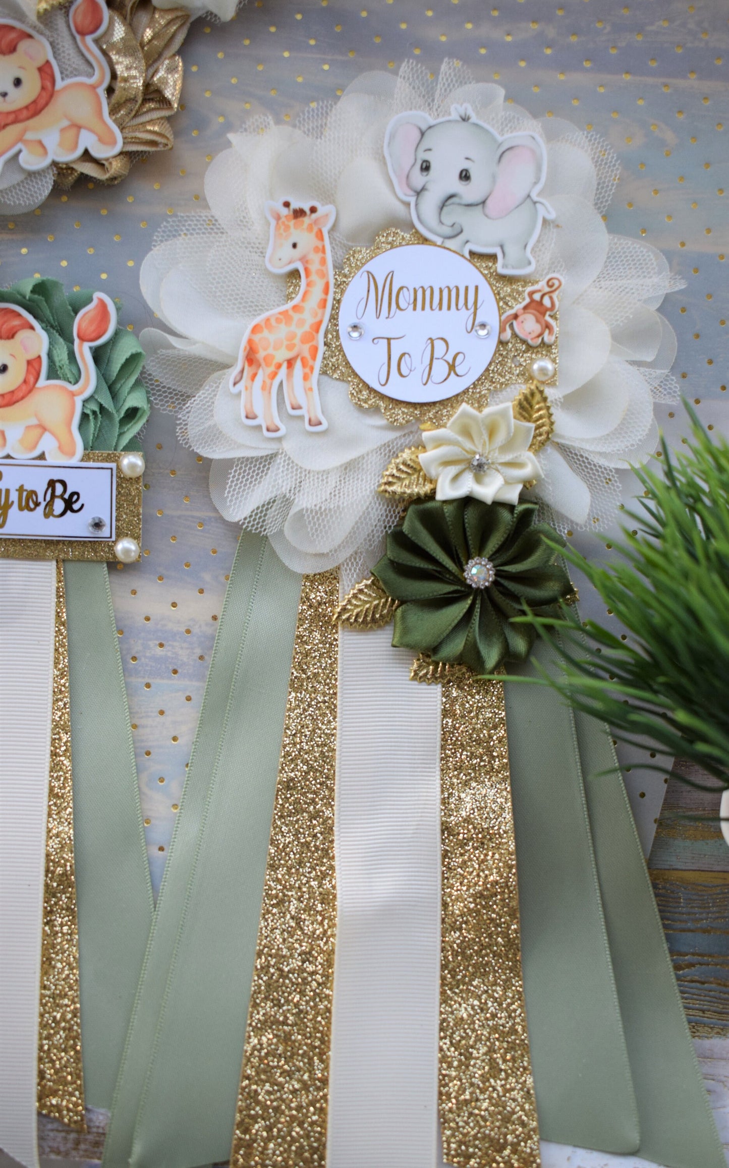 Animal Safari Baby Shower Sash and Pin Set, Jungle Safari Baby Shower, Safari Flower Sash, Sage Green Baby Safari Shower, Custom Order - Celebrations By Cris