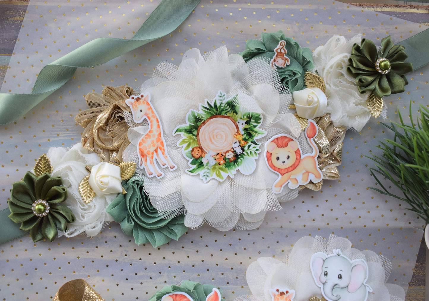 Animal Safari Baby Shower Sash and Pin Set, Jungle Safari Baby Shower, Safari Flower Sash, Sage Green Baby Safari Shower, Custom Order - Celebrations By Cris