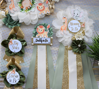 Animal Safari Baby Shower Sash and Pin Set, Jungle Safari Baby Shower, Safari Flower Sash, Sage Green Baby Safari Shower, Custom Order - Celebrations By Cris