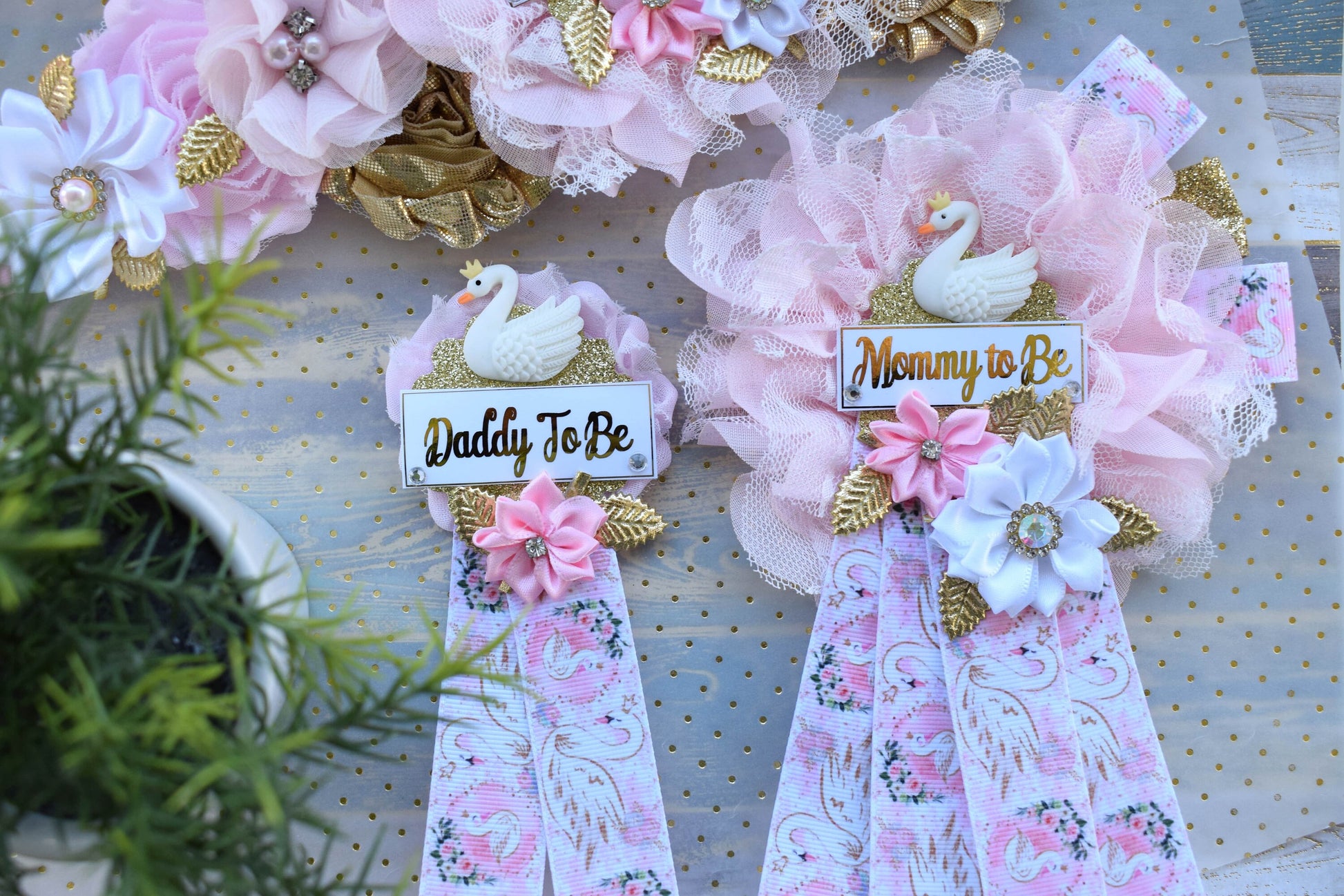 Swan Pink Gold Flower Sash, Swan Pink Gold Baby Shower Sash, Pink Gold White Pregnant Sash, Mommy and Daddy To Be, Swan Baby Shower - Celebrations By Cris