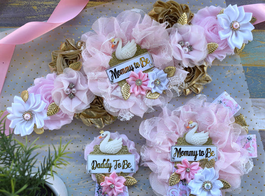 Swan Pink Gold Flower Sash, Swan Pink Gold Baby Shower Sash, Pink Gold White Pregnant Sash, Mommy and Daddy To Be, Swan Baby Shower - Celebrations By Cris