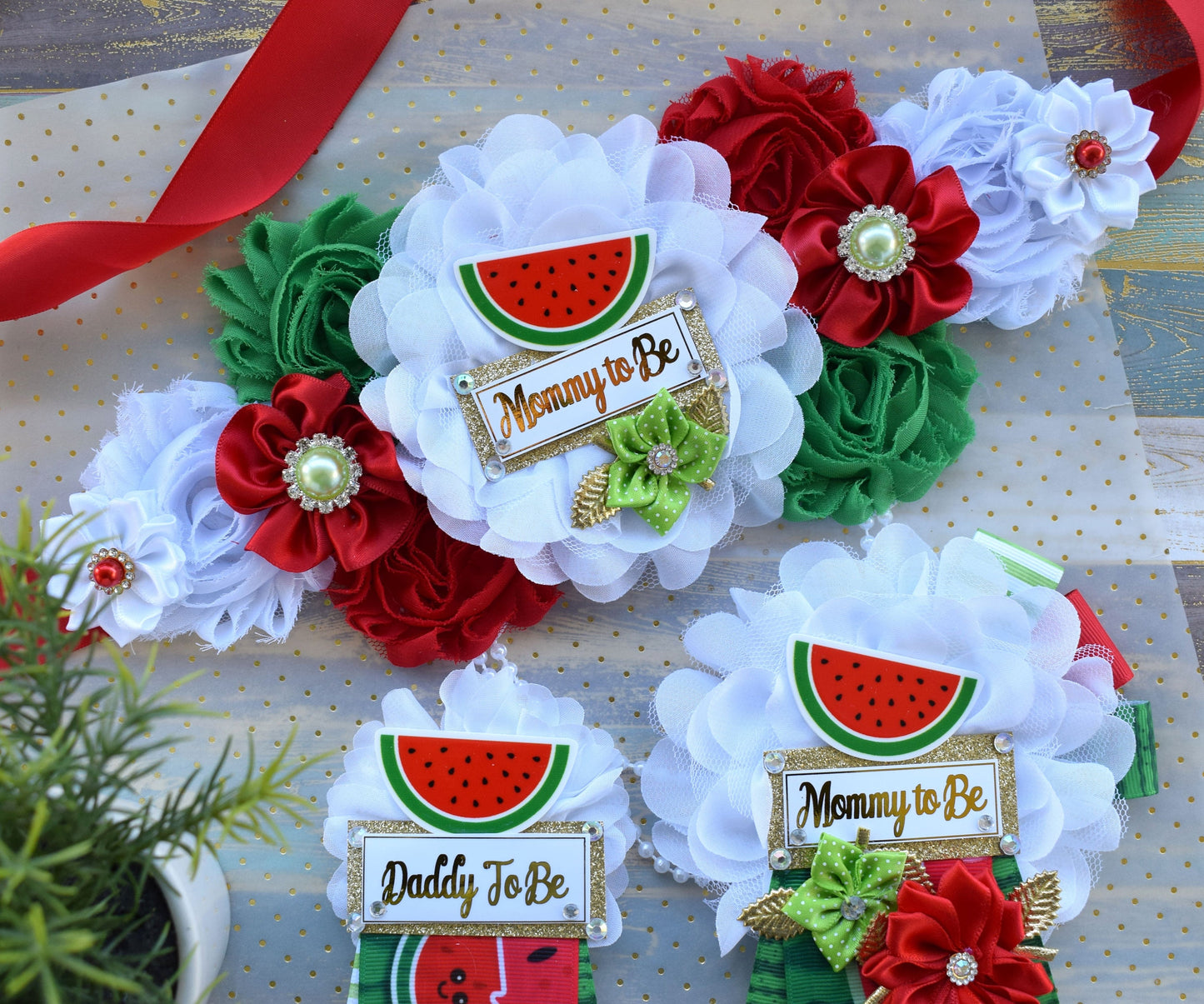 Watermelon Baby Shower, Watermelon Fruit Maternity Sash, Red White Green Flower Sash, Watermelon Summer Flower Sash, Summer Tropical Sash