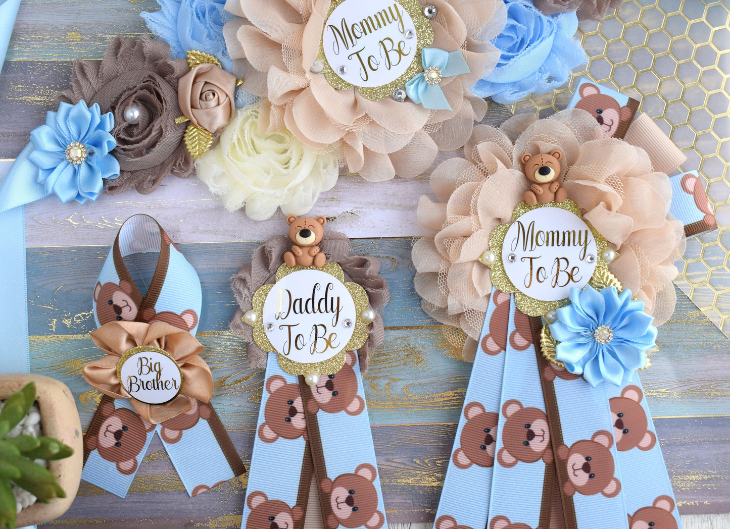 Blue Bear Baby Shower, Teddy Bear Blue Flower Sash, Teddy Bear Corsage Pin, Bear Mommy To Be, Bear Daddy To Be, Bear Baby Shower, Custom - Celebrations By Cris