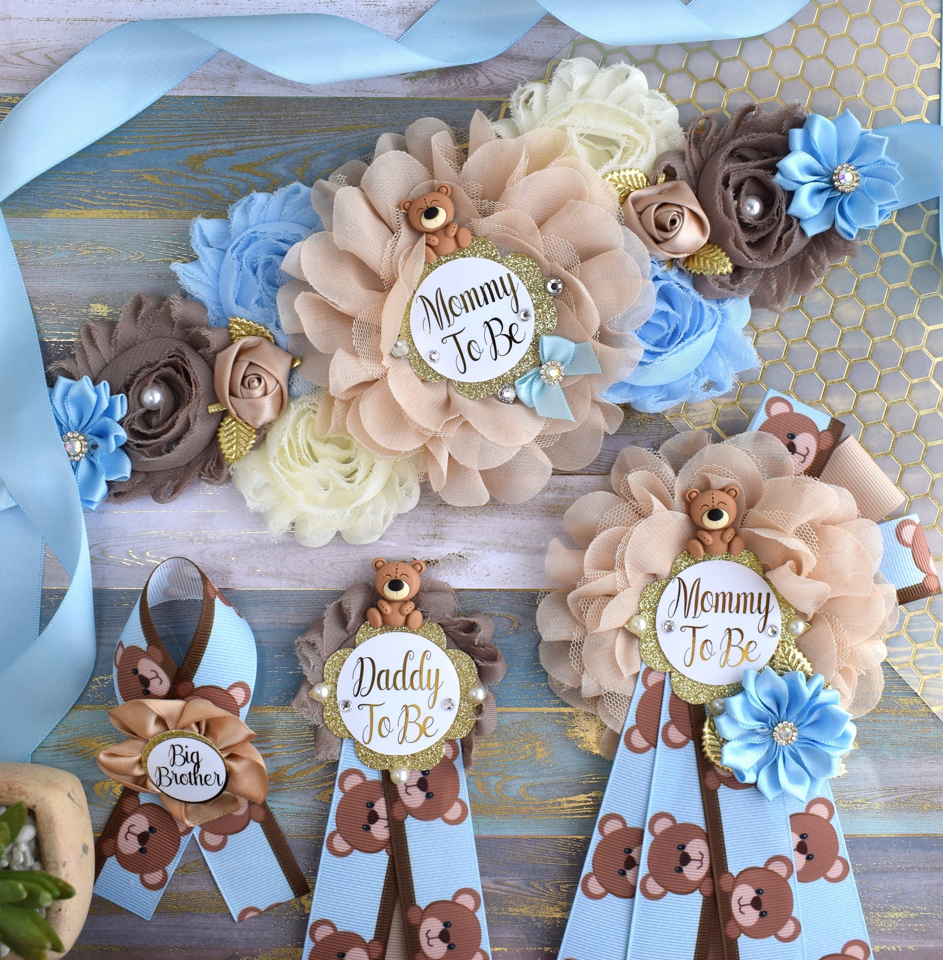 Blue Bear Baby Shower, Teddy Bear Blue Flower Sash, Teddy Bear Corsage Pin, Bear Mommy To Be, Bear Daddy To Be, Bear Baby Shower, Custom - Celebrations By Cris