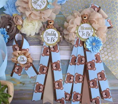 Blue Bear Baby Shower, Teddy Bear Blue Flower Sash, Teddy Bear Corsage Pin, Bear Mommy To Be, Bear Daddy To Be, Bear Baby Shower, Custom - Celebrations By Cris