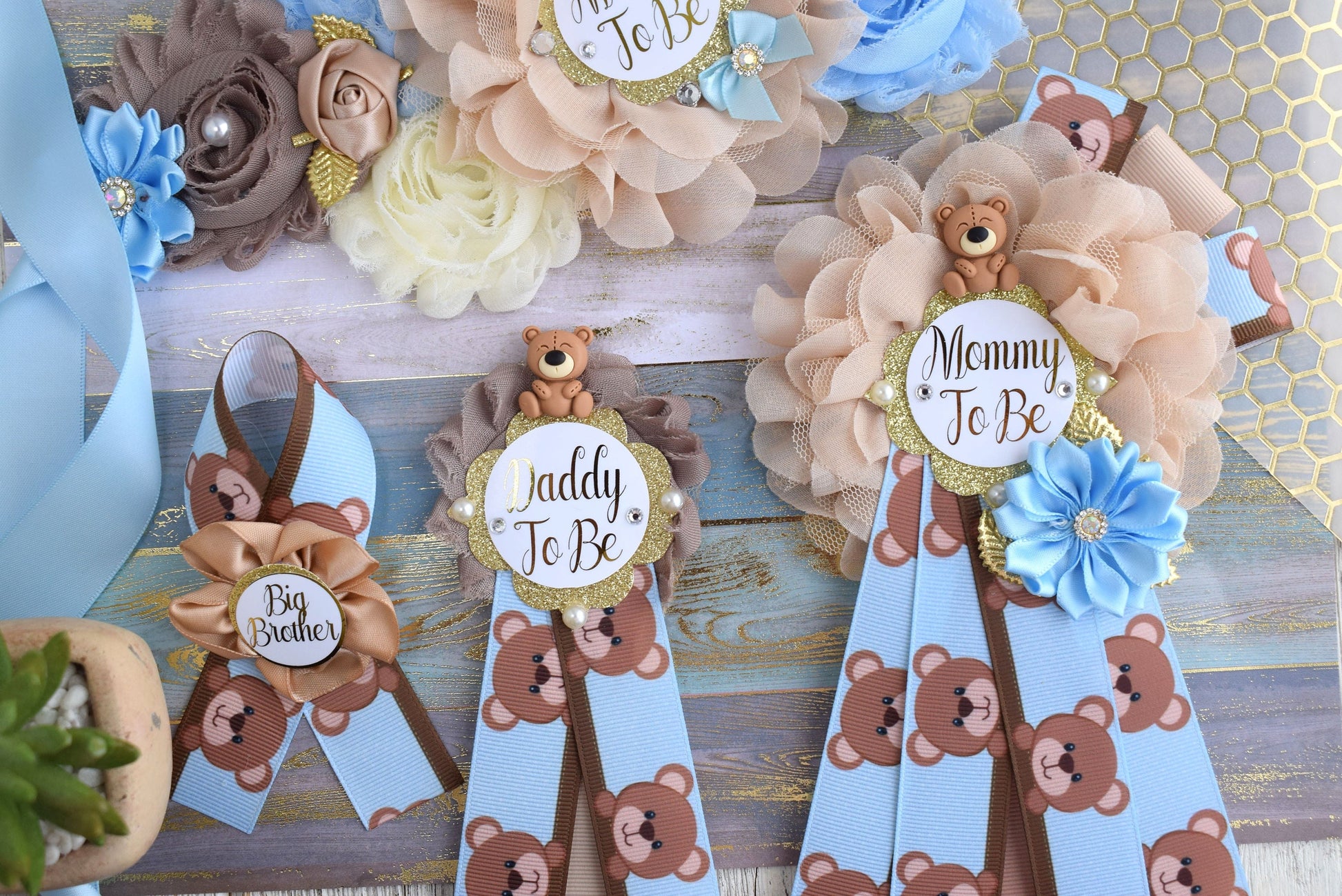 Blue Bear Baby Shower, Teddy Bear Blue Flower Sash, Teddy Bear Corsage Pin, Bear Mommy To Be, Bear Daddy To Be, Bear Baby Shower, Custom - Celebrations By Cris