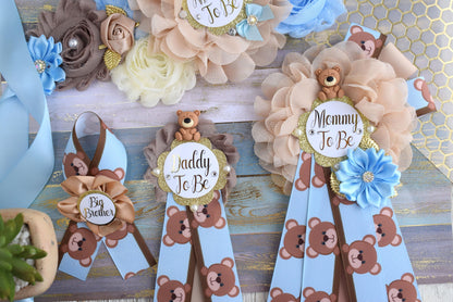 Blue Bear Baby Shower, Teddy Bear Blue Flower Sash, Teddy Bear Corsage Pin, Bear Mommy To Be, Bear Daddy To Be, Bear Baby Shower, Custom - Celebrations By Cris