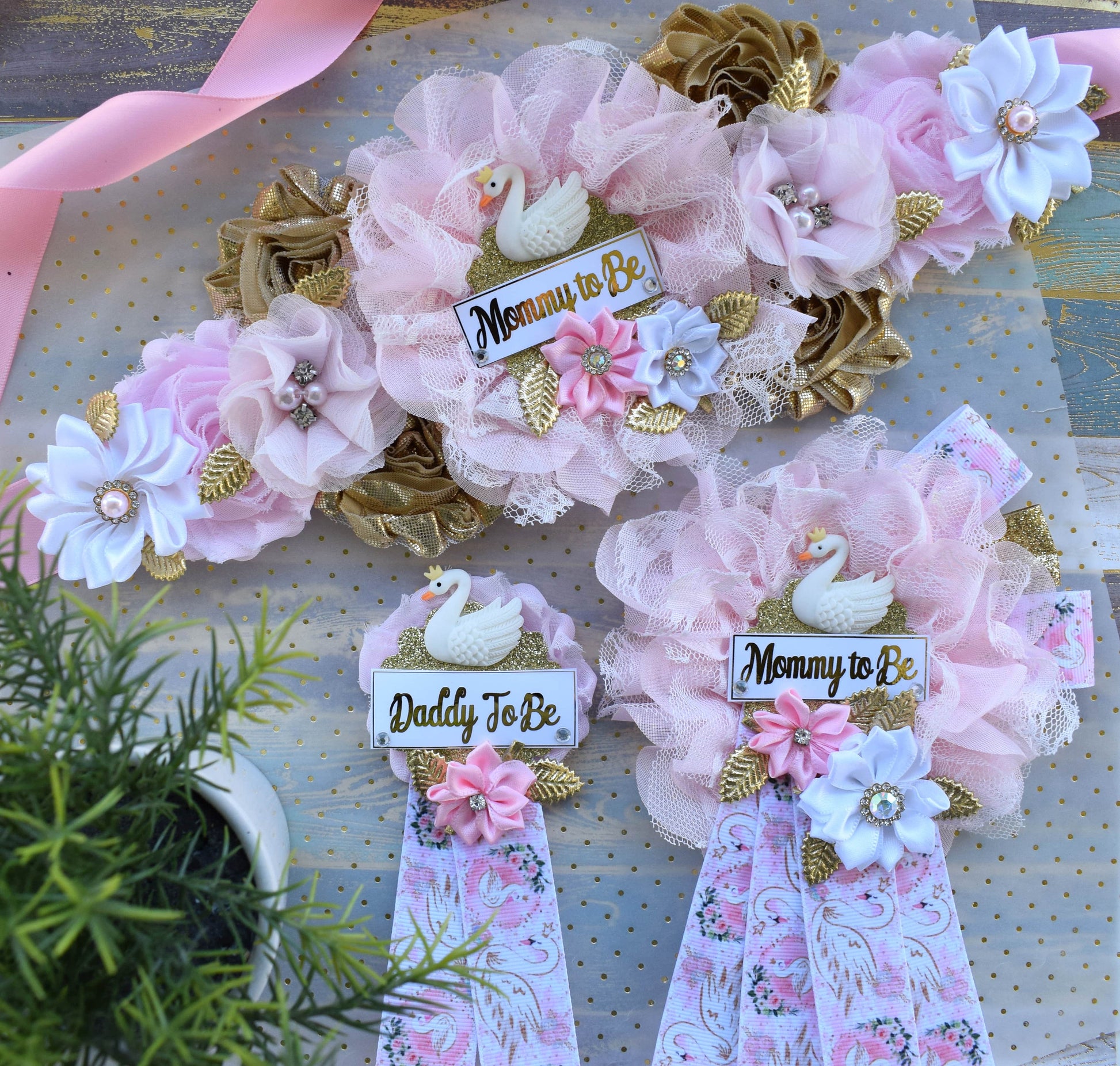 Swan Pink Gold Flower Sash, Swan Pink Gold Baby Shower Sash, Pink Gold White Pregnant Sash, Mommy and Daddy To Be, Swan Baby Shower - Celebrations By Cris