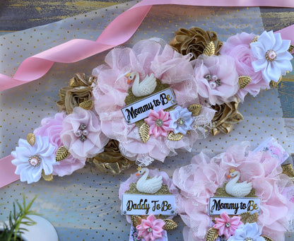 Swan Pink Gold Flower Sash, Swan Pink Gold Baby Shower Sash, Pink Gold White Pregnant Sash, Mommy and Daddy To Be, Swan Baby Shower - Celebrations By Cris