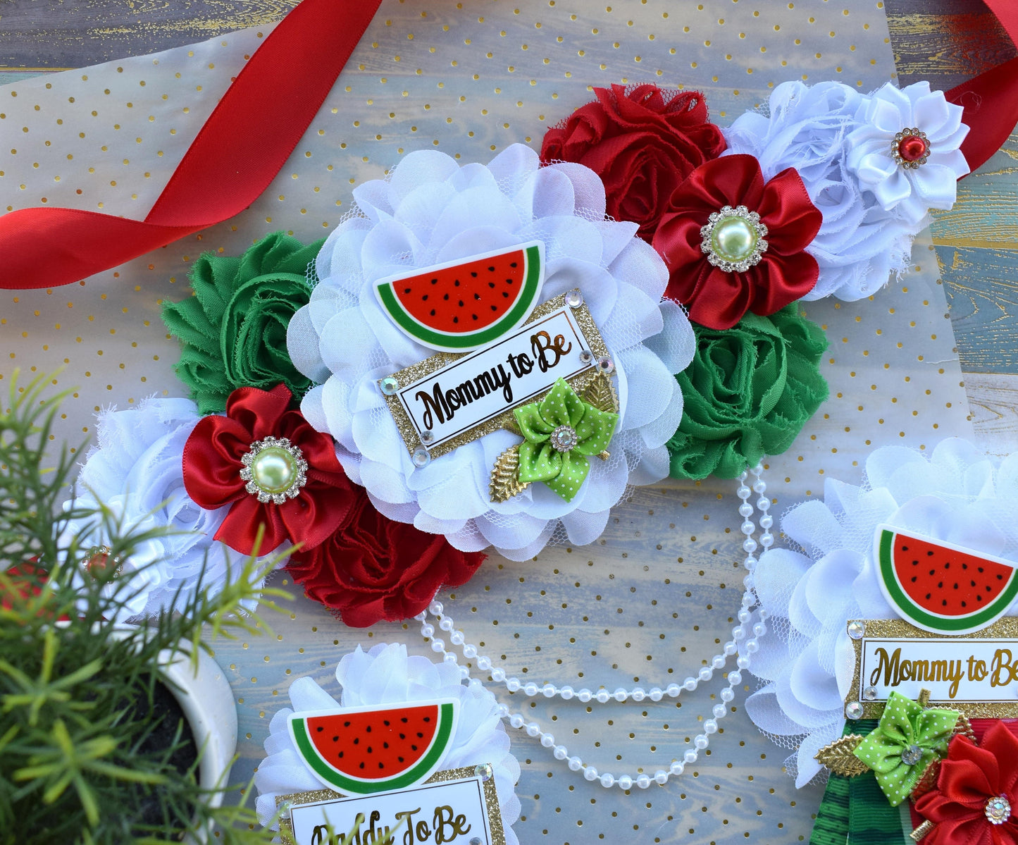 Watermelon Baby Shower, Watermelon Fruit Maternity Sash, Red White Green Flower Sash, Watermelon Summer Flower Sash, Summer Tropical Sash